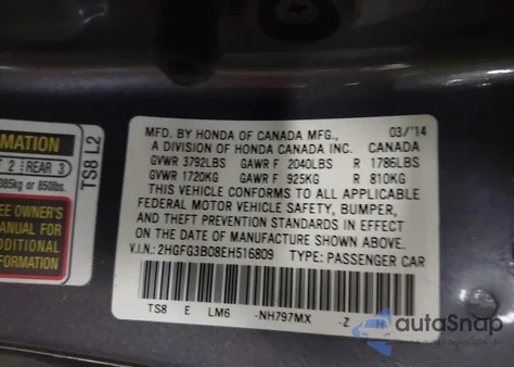 2014 Honda Civic Ex-L z USA, uszkodzony, nr VIN 2HGFG3B08EH516809